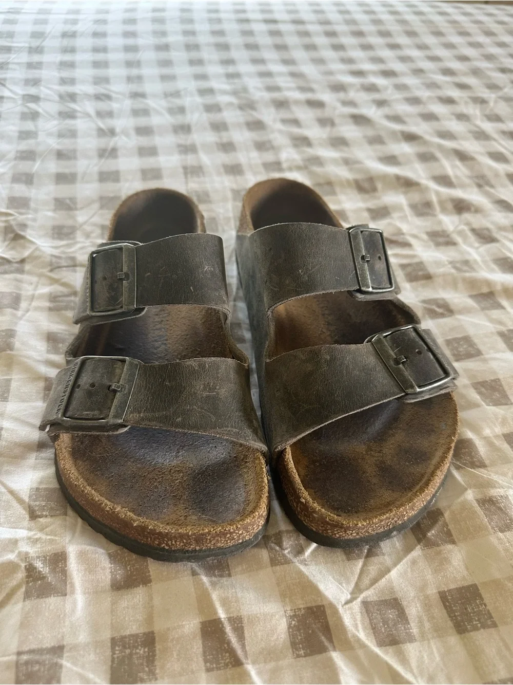 Birkenstock Gray Double Buckle Leather Slide Sandals